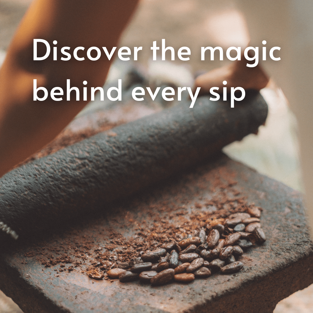 Mortar and pestle with ground coffee beans on a rustic surface, text 'Discover the magic behind every sip'.