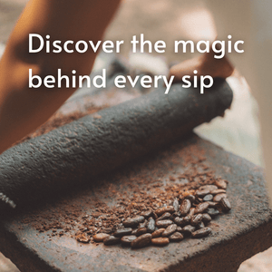 Mortar and pestle with ground coffee beans on a rustic surface, text 'Discover the magic behind every sip'.