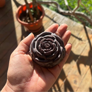 Cacao Taster 2-Cup serving with rose pattern on a wooden deck with plants in the background