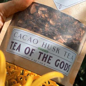 Cacao husk tea package labeled 'Tea of the Gods' held by a hand with a natural background.